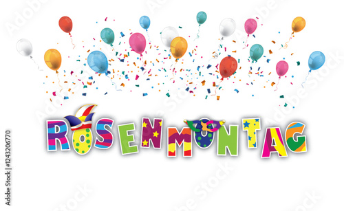 Banner mit bunten Luftballons und Konfetti und dem Wort Rosenmontag