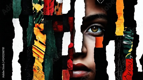 Woman face emerging from colorful ripped paper collage