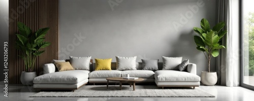 Sleek grey wall, modern living space with natural elements, room, simple, relaxing