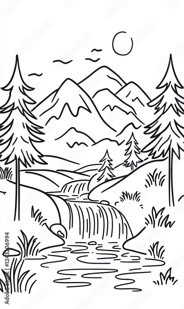 Fototapeta premium Mountain Landscape Featuring Waterfall and Pine Trees