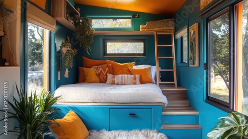 Colorful tiny house bedroom with built-in bed, storage, and ladder.