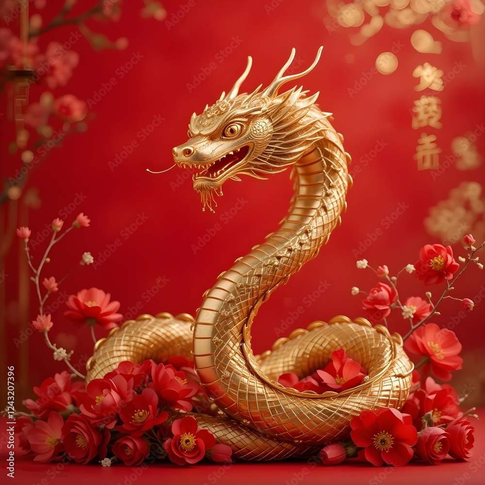 Fototapeta premium A chinese dragon with a red background with chinese.Majestic Chinese Dragon on Vibrant Red Background.
