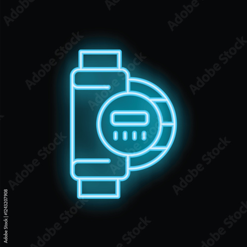 Neon water meter icon glowing on dark background, plumbing concept