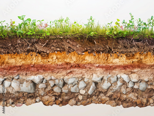 Panorama of soil layers cross section. Roots penetrate various soil types. Visible layers show earth structure. Plants grow on top soil. Dry earth areas deep cracks. Natural environment. Natural