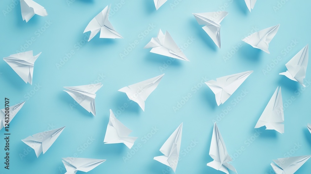 A flat lay of handmade white paper planes set against a light blue background A flat lay of handmade white paper planes set against a light blue background