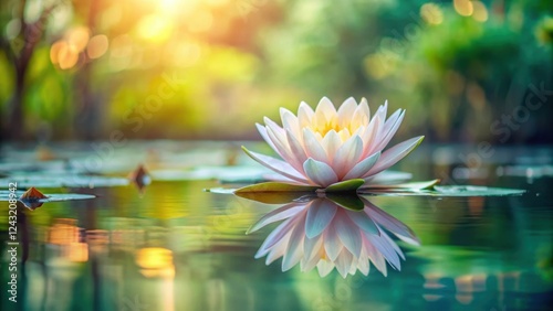 Serene Water Lily Blossom Reflecting in a Tranquil Pond at Sunrise