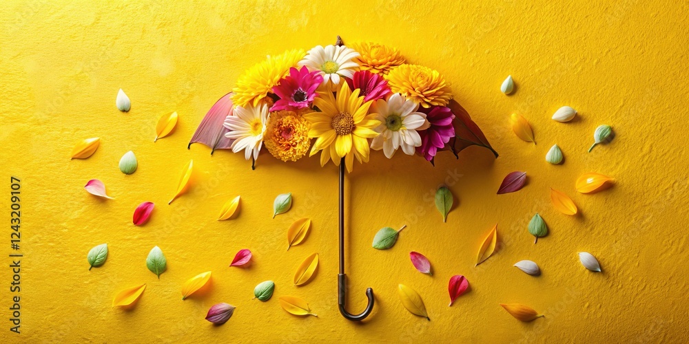 Fototapeta premium Floral Umbrella Greeting Card: Colorful Yellow Background with Flower Rain