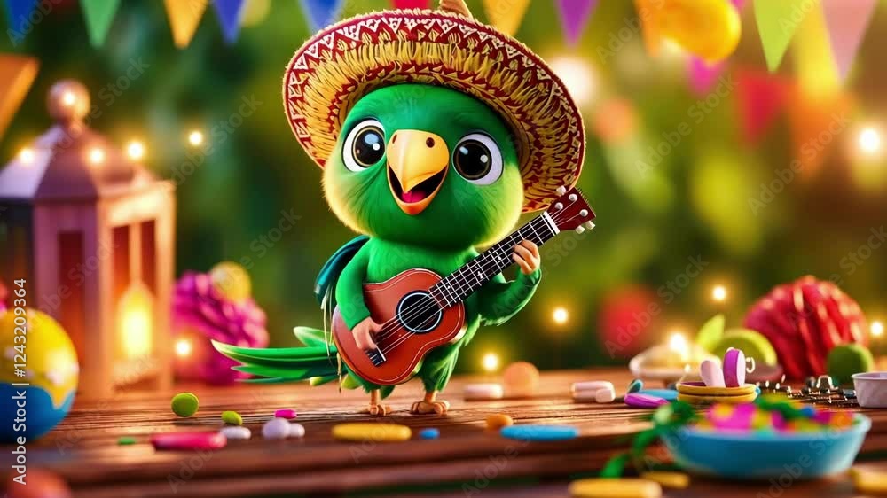 Colorful parrot playing guitar at vibrant fiesta celebration Happy Cinco de mayo