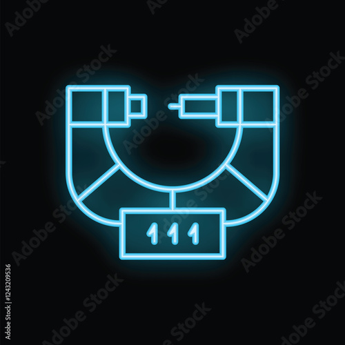 Blue neon icon of a micrometer measuring 111 units, isolated vector illustration on black background