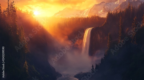 Majestic Waterfall Sunset in a Mountainous Forest