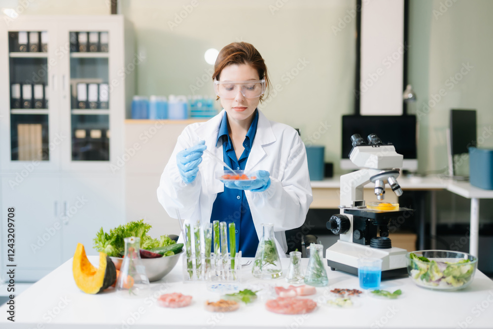 Scientist in a modern lab analyzing food samples with advanced equipment. Perfect for food science, research Scientist in a modern lab analyzing food samples with advanced equipment. Perfect for food science, research