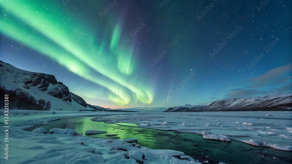Naklejka premium Winter landscape with mountains, snow, and moon reflecting on the ocean under a cloudy sky