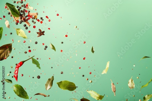 Creative mockup with flying different types of spices bay leaf, red pepper, anise, cloves, cinnamon on soft green background with copy space