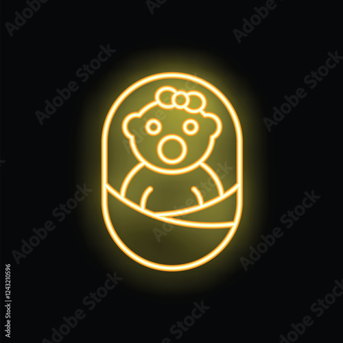 Neon sign illuminating a baby girl swaddled in a blanket on a black background