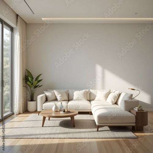 Moderno, minimalista, limpio, claro, contemporáneo, sala de estar, diseño interior, fondo de luz natural, sofá blanco beige en la sala de estar, luz natural desde la ventana, momento de frescura, maqu