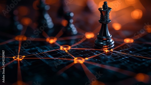 A close-up of a black chess king piece on a digital board, illuminated by glowing connections, symbolizing strategy and technology.