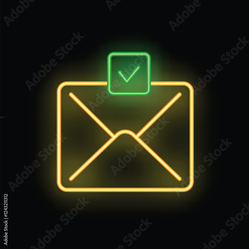 Neon icon of a yellow mail envelope with a green check mark glowing on a black background