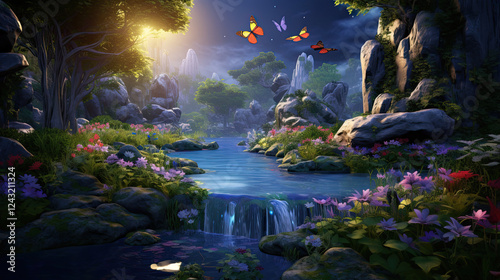 Enchanted Forest Stream with Glowing Butterflies and Sunset