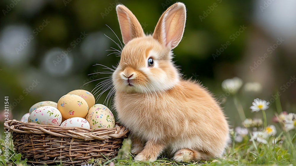 Fototapeta premium Easter day celebration with bunny and pastel tone easter eggs in a lively garden scene