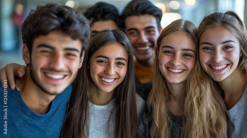 Cheerful Diverse Group of Young Adults Smiling Together in Modern Hall Cheerful Diverse Group of Young Adults Smiling Together in Modern Hall