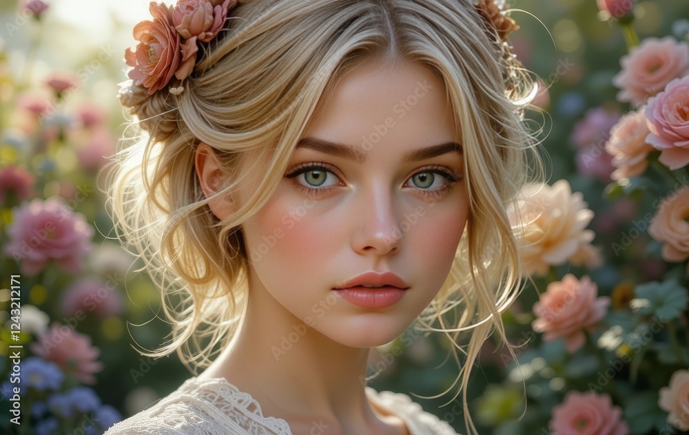 Fototapeta premium A young woman sitting in a garden surrounded by flowers, wearing a flowing dress and a straw hat.