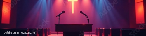 Empty church pulpit, sanctuary silent, microphone stands , background, God