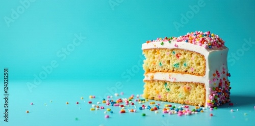 Wallpaper Mural Multicolored birthday cake with bright sprinkles, blue backdrop, perfectly cut slice , food, dessert, delicious Torontodigital.ca