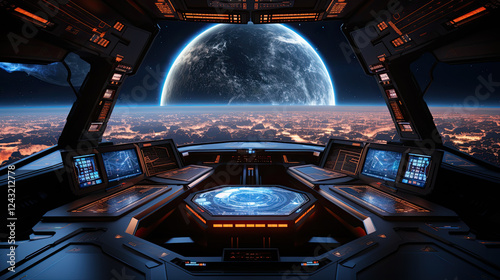 Fototapeta Naklejka Na Ścianę i Meble -  Futuristic spaceship cockpit overlooking a vibrant city at night on a distant planet