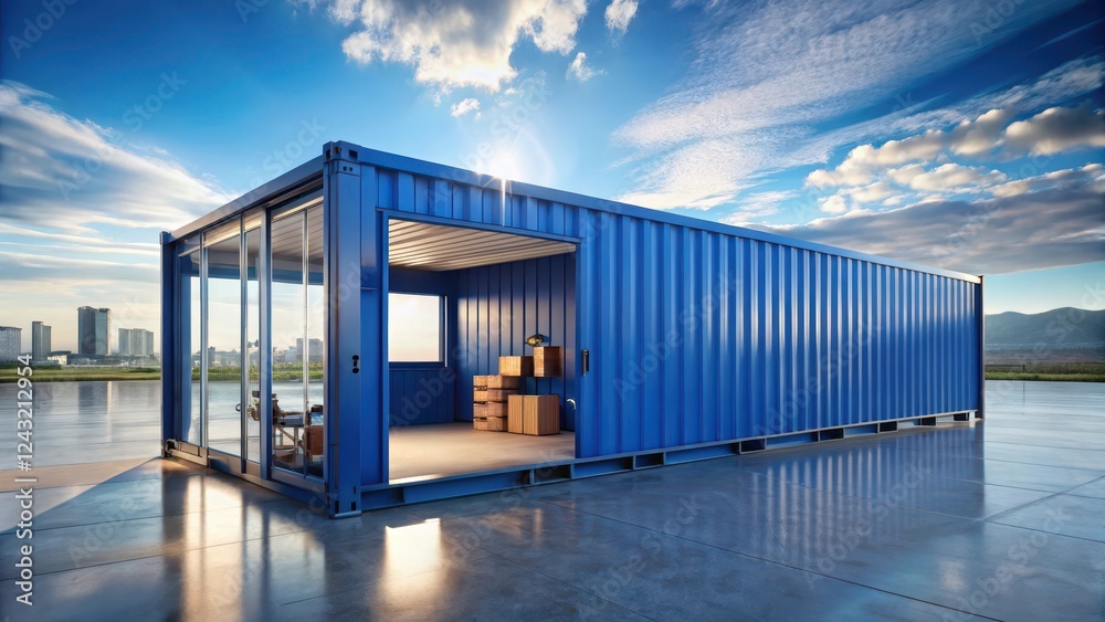 Modern Shipping Container Office Space with Glass Walls and City View at Sunset Modern Shipping Container Office Space with Glass Walls and City View at Sunset