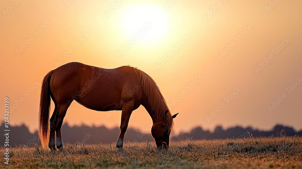 Brown Horse Grazing in Golden Sunset Field Brown Horse Grazing in Golden Sunset Field