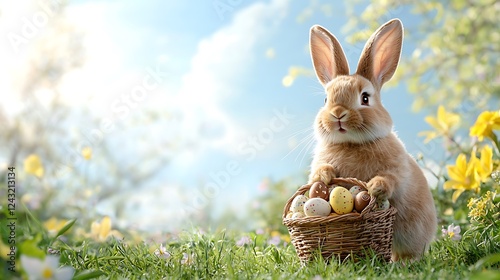 Easter day celebration with bunny and pastel eggs in nature whimsical spring scene photo