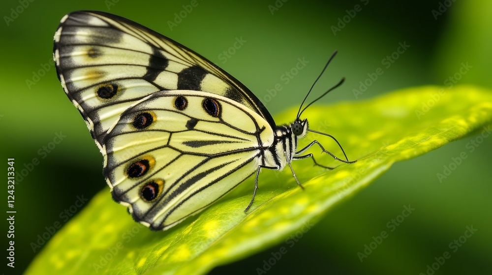 Graceful butterfly on vibrant green leaf in serene natural setting under soft light Graceful butterfly on vibrant green leaf in serene natural setting under soft light