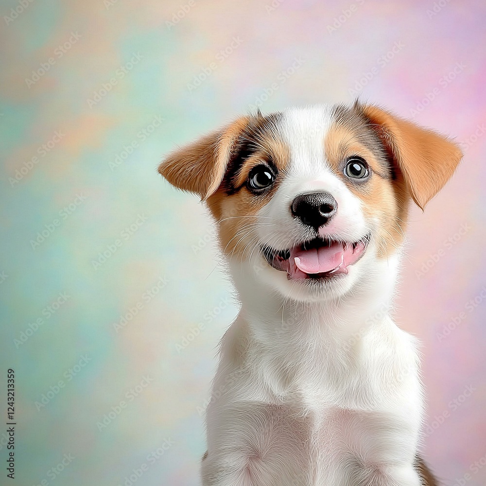 playful puppy on the right side of the image, set against a soft pastel background that evokes joy playful puppy on the right side of the image, set against a soft pastel background that evokes joy