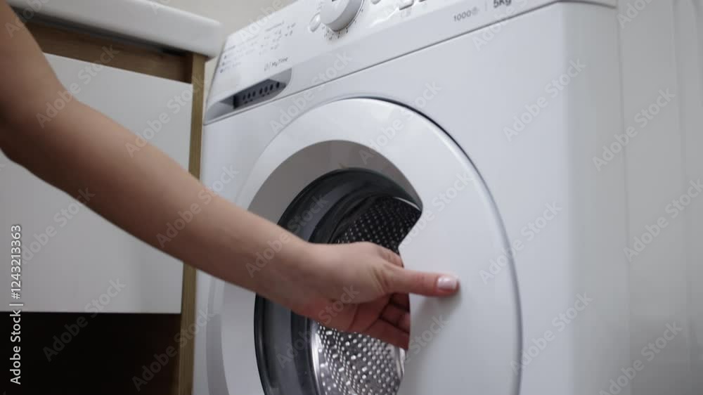 A woman's hand takes freshly washed clothes from the washing machine in the bathroom. Concept: dry cleaning and cleaning services that simplify clothing care and maintain order at home.