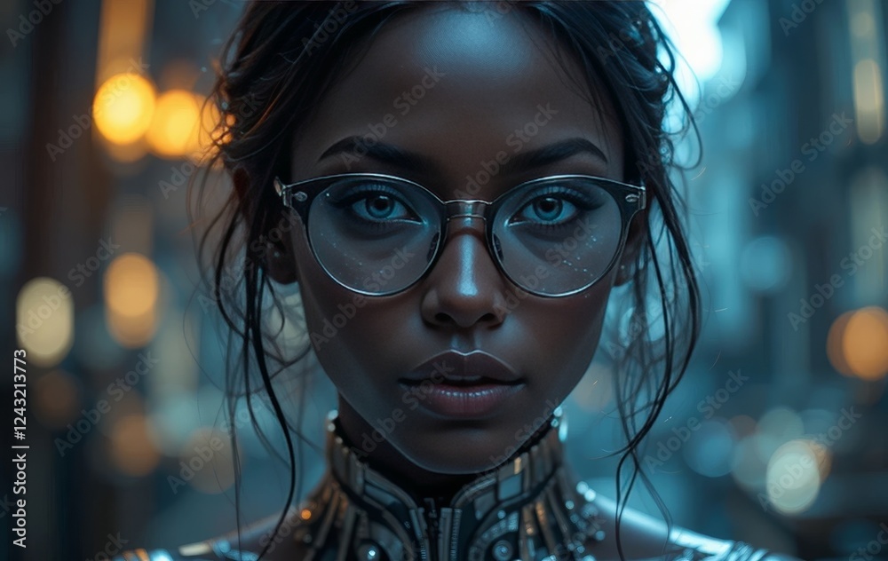 A woman with glasses and dark skin, lit dramatically with colorful lights in the background A woman with glasses and dark skin, lit dramatically with colorful lights in the background