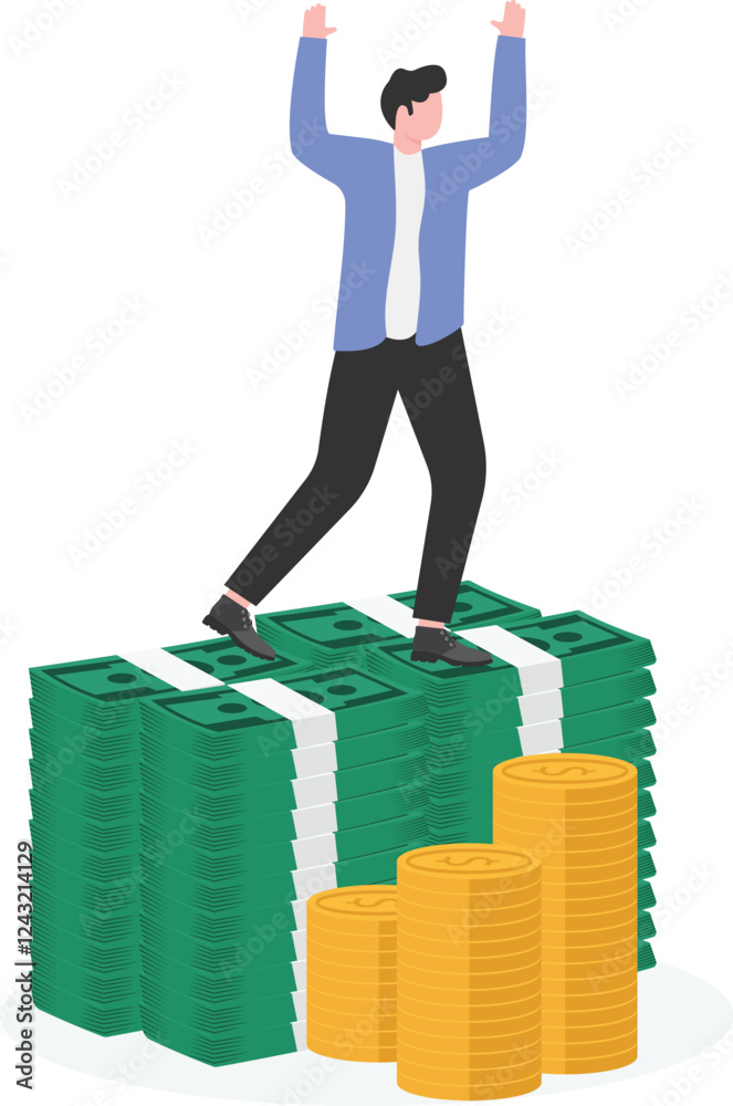 Businessman confidently sitting on a tall stack of money, symbolizing wealth, financial success, and power.
Businessman confidently sitting on a tall stack of money, symbolizing wealth, financial success, and power.