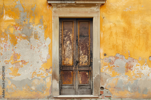 Yellow concrete wall with old wooden door in european city. Detailed photo textured background photo