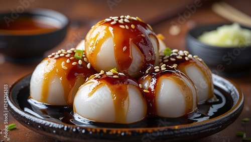Glossy mitarashi dango glistens with rich soy glaze, nestled on skewers, with a warm, golden backdrop highlighting its sweet-savory allure. photo