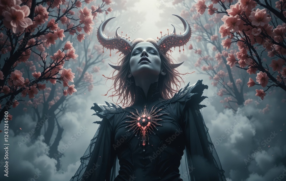 A digital art piece with a non-binary character featuring silver horns and a mixture of dark and light elements. A digital art piece with a non-binary character featuring silver horns and a mixture of dark and light elements.