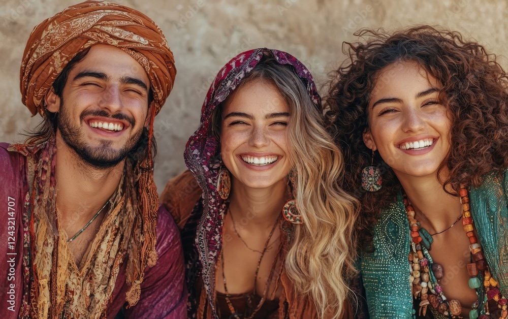 Three smiling individuals dressed in colorful, bohemian attire, radiating joy and friendship against a natural backdrop. Three smiling individuals dressed in colorful, bohemian attire, radiating joy and friendship against a natural backdrop.