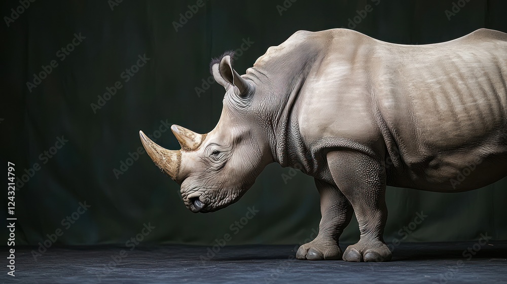 Fototapeta premium Powerful Gray Rhinoceros Portrait Against Dark Background