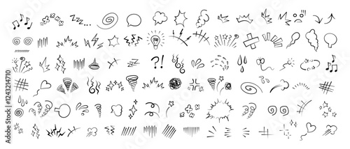 Manga or anime comic emoticon element graphic effects hand drawn doodle vector illustration set isolated on white background. Cartoon style manga doodle line expression scribble anime mark collection.