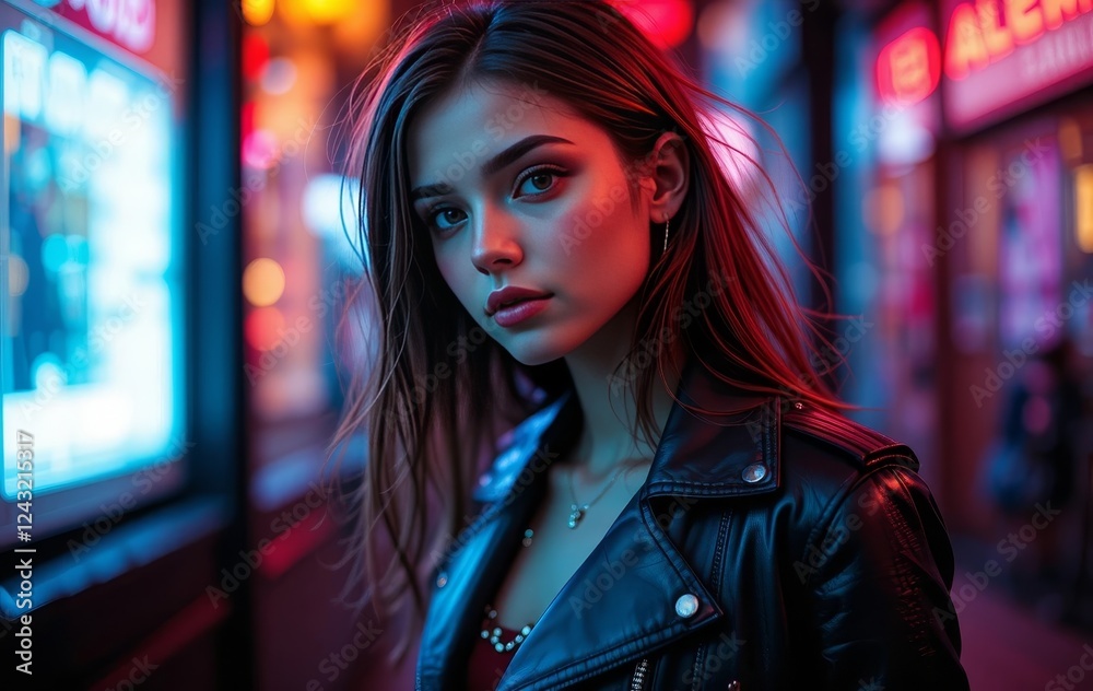 A close-up photo of a young woman wearing a leather jacket with a futuristic, cyberpunk aesthetic A close-up photo of a young woman wearing a leather jacket with a futuristic, cyberpunk aesthetic
