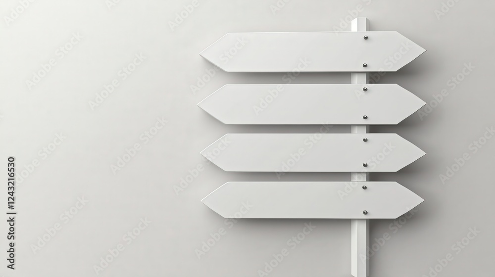 Obraz premium Blank Directional Sign Board with Three Arrows Pointing in Various Directions Against a Minimalist Wall Background