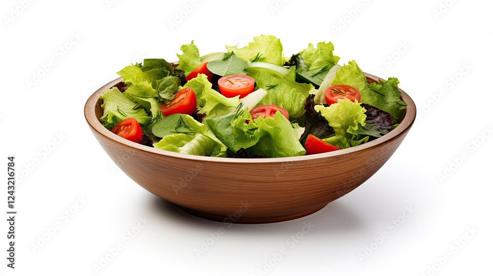 Fresh Green Salad with Tomatoes in Wooden Bowl Fresh Green Salad with Tomatoes in Wooden Bowl