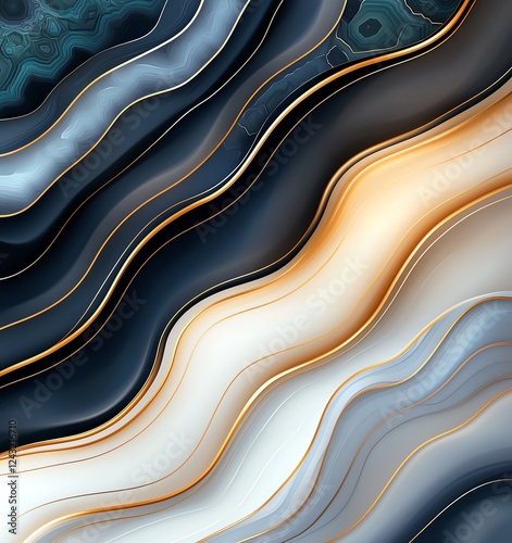 An abstract composition featuring smooth waves of black, white, and gold colors, creating a dynamic flow that captures elegance and depth, perfect for creative projects and backgro photo