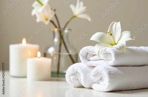 A luxurious spa-themed composition with a soft, neutral color palette. fluffy towels with a white flower on top with a few elegant candles flickering softly, a warm glow, relaxing atmosphere