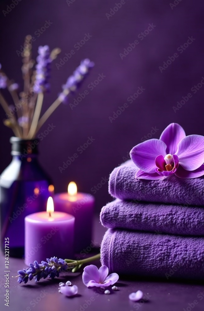 A luxurious spa setting with a deep purple and lavender color palette, evoking relaxation and mysticism with soft towels, natural bath products, and soothing candlelight for a relaxing atmosphere A luxurious spa setting with a deep purple and lavender color palette, evoking relaxation and mysticism with soft towels, natural bath products, and soothing candlelight for a relaxing atmosphere
