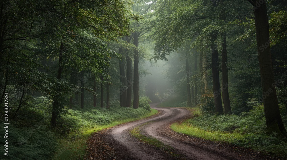 Fototapeta premium A serene winding road through a lush green forest shrouded in gentle mist and surrounded by tall, majestic trees.