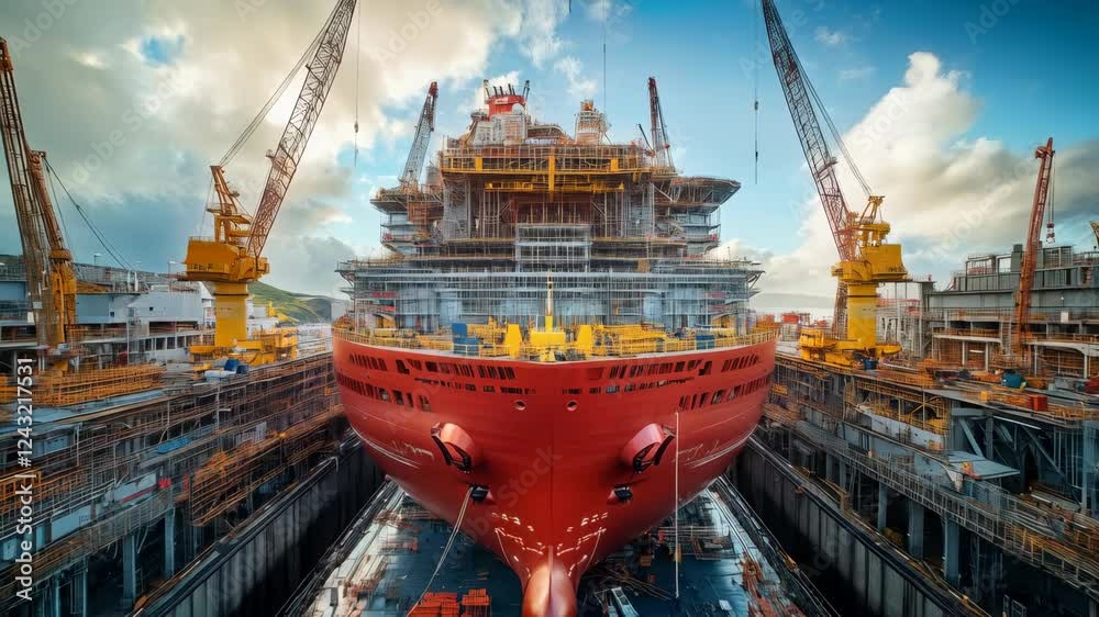 A large rusty ship being repaired in a dry dock section of a shipyard, with metallic heavy equipment and big cranes in background